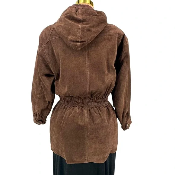VTG Chocolate Brown Suede Jacket Hooded Leather Parka Oversized Sz S BB Dakota - Picture 10 of 14